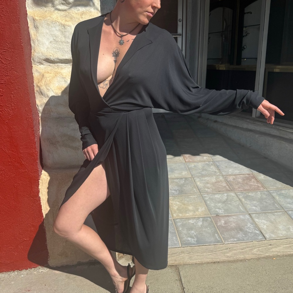 Vintage Norma Kamali Black Wrap Midi Dress | Dolman Sleeve | 1980s